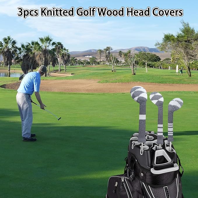 LeFeng 3Pcs Golf Club Covers, Knitted Golf Club Covers for 460cc Driver Fairway Woods and Hybrid