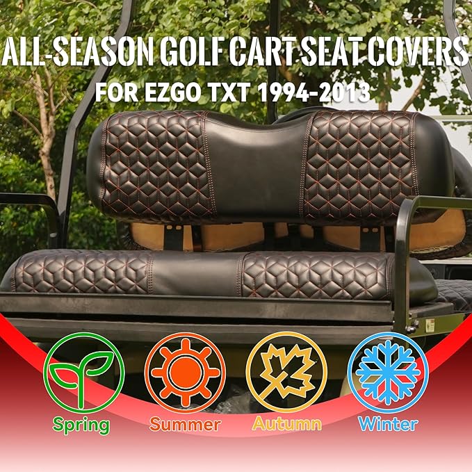 Golf Cart Seat Covers Front and Rear for EZGO TXT 1994-2013 Standard Seat Cushion, EZGO Vinyl Leather Seat Cover Set Replacement Accessories, No Staples, Black(4 PCS)