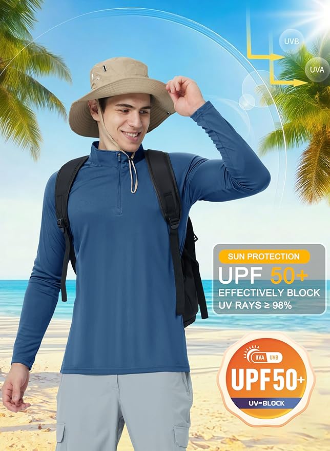 CRYSULLY Men's Long Sleeve 1/4 Zip Shirts Sun Protection Pullover UPF 50+ Rash Guard Running Lightweight T Shirt