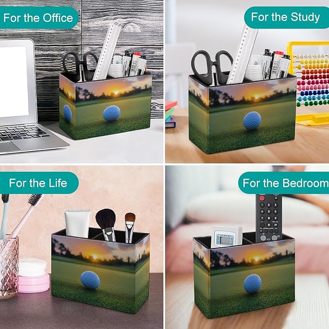 Pens Holder, Pencils Holder for Desk Organizer, Sport Golf Ball Sunset PU Leather Pencil Cups Desktop Stationery Storage Makeup Brush Holder Pens Organizer for Office Home