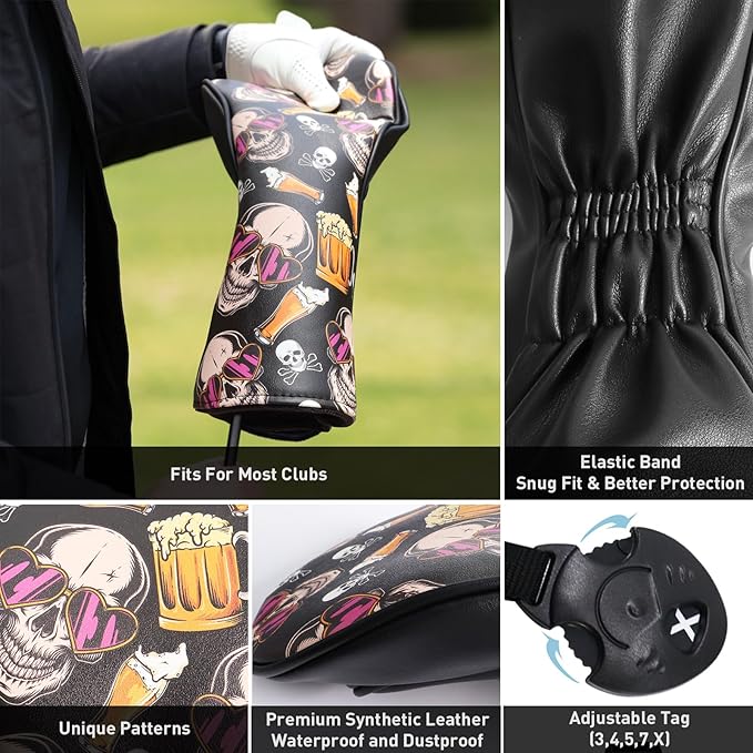 FINGER TEN Golf Club Head Covers for Woods Driver Fairway Hybrid with Interchangeable Number Tag 1 3 5 Premium Leather Headcovers for Women Men