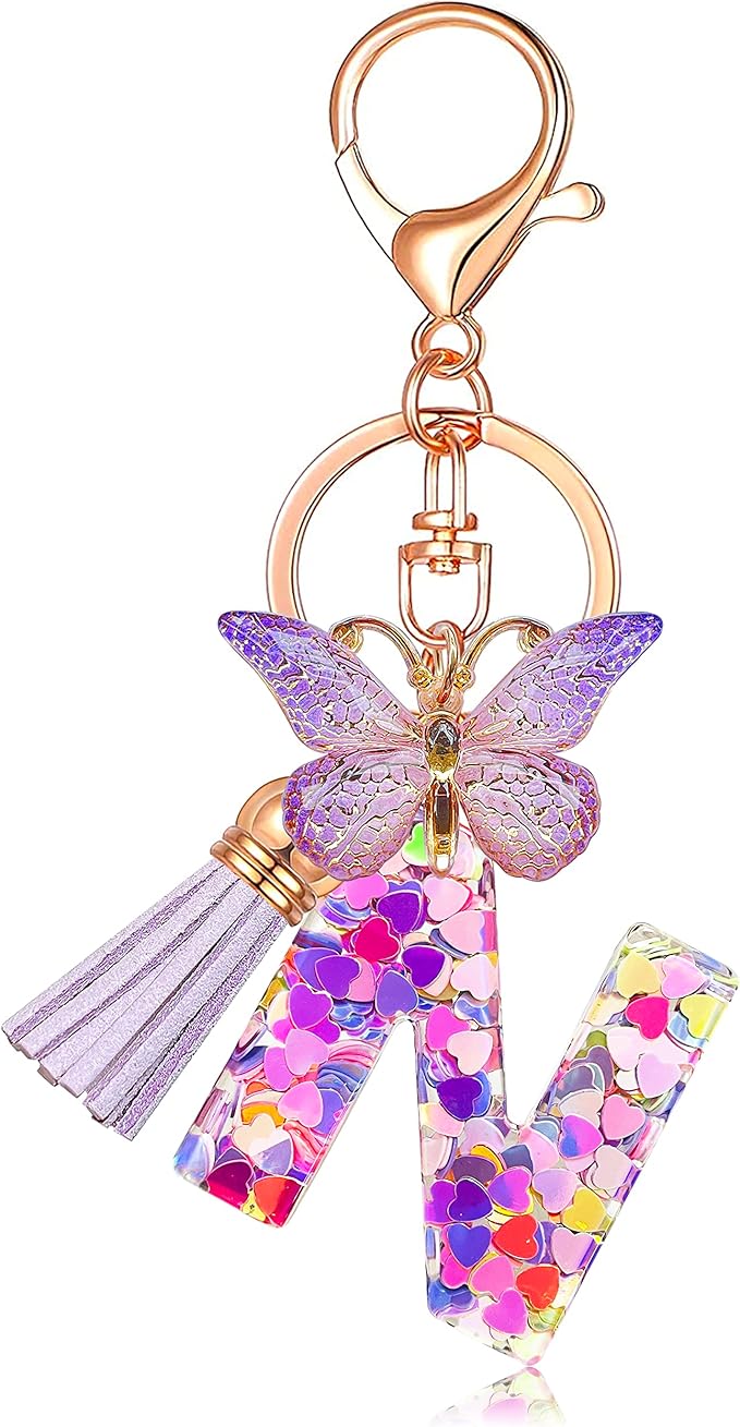 JINGUAZI Initial letter Keychains for Women Tassel Butterfly Pink Purple Cute Car Keychain for Wallet Backpack bag charm
