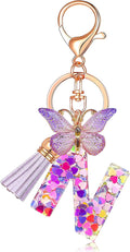 JINGUAZI Initial letter Keychains for Women Tassel Butterfly Pink Purple Cute Car Keychain for Wallet Backpack bag charm