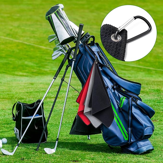3 Pack Golf Towels(16" X 16") with Carabiner Clip,Microfiber Fabric Waffle Pattern Towels for Golf Bags,Tri-Fold Portable Towels for Men Women,Red/Black/Gray