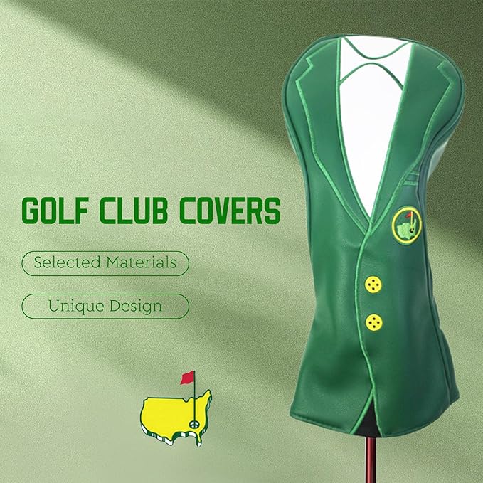 Green Jacket Golf Club Covers, PU Leather Elastic Neckline Golf Head Covers Soft Thick Lining Rainproof Sunscreen Hybrid Head Cover for 1/3/5/UT Wood Golf Club, Machine Washable