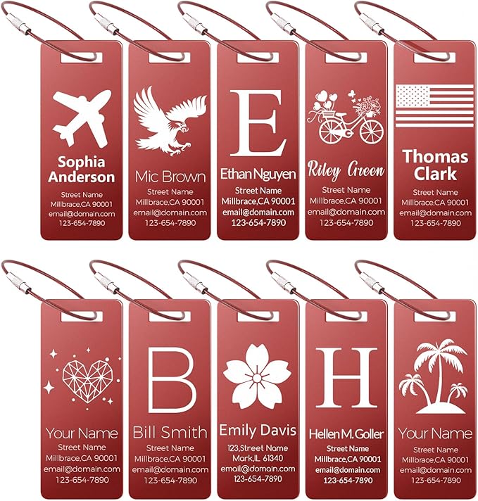10 Personalized Metal Luggage Tags, Custom Suitcase Aluminum Name Tags with Steel Ring, Laser Engraved Name and Logo, for Travel, Backpack, Baggage, Golf Bag (Red)