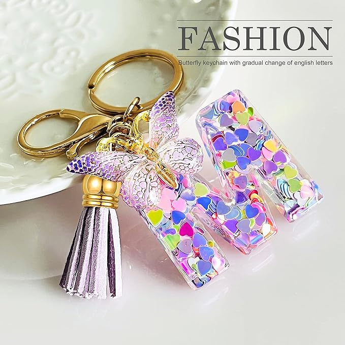 JINGUAZI Initial letter Keychains for Women Tassel Butterfly Pink Purple Cute Car Keychain for Wallet Backpack bag charm