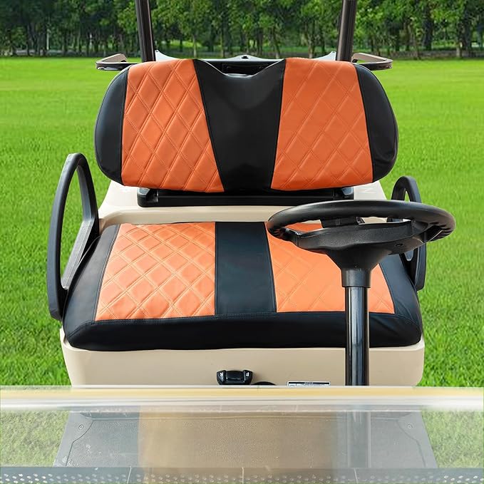 Golf Cart Seat Cover for Club Car Precedent Ordinary Front Seat Cushion, Thick Vinyl Leather Custom Diamond Comfortable, Adjustable Straps and Retractable Buckle/No Nails Required (Black&Brown)