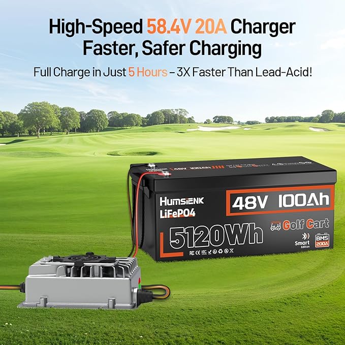 HumsiENK 48V 100Ah Golf Cart LiFePO4 Lithium Battery with Bluetooth Group 8D, 15000+ Deep Cycle Battery, Built-in 200A BMS with Low-Temp Protection Golf Cart Accessories