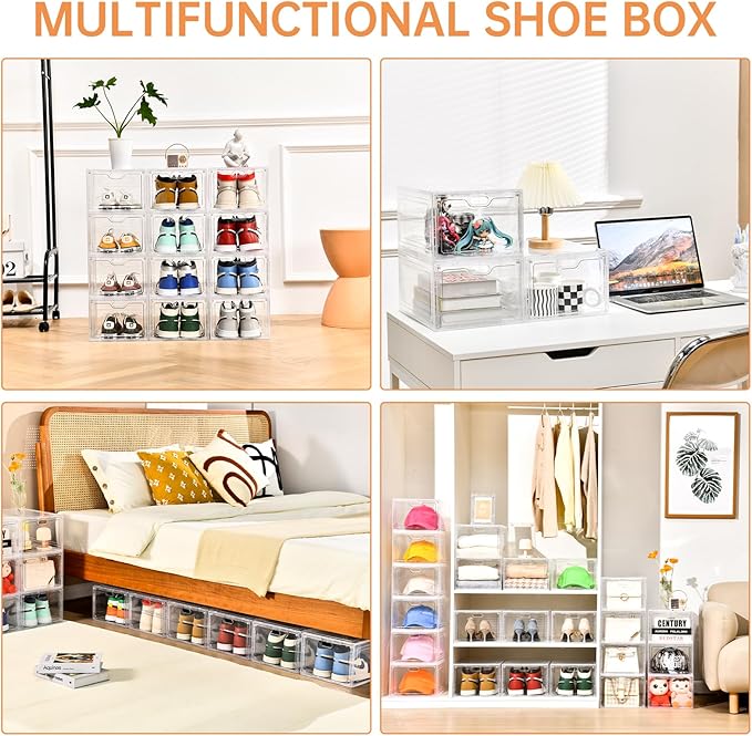 6 Pack Large Shoe Storage Box, Clear Shoe Storage Organizer with Magnetic Door, Stackable,Shoe Containers For Display Sneakers, Easy Assembly, Fit up to US Size 12, Clear