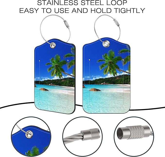 2 Pack Luggage Tags for Suitcase,Island's Beach PU Leather Luggage Tags with Privacy Cover Name Address Labels and Steel Ring,Creative Travel Accessories for Men and Women