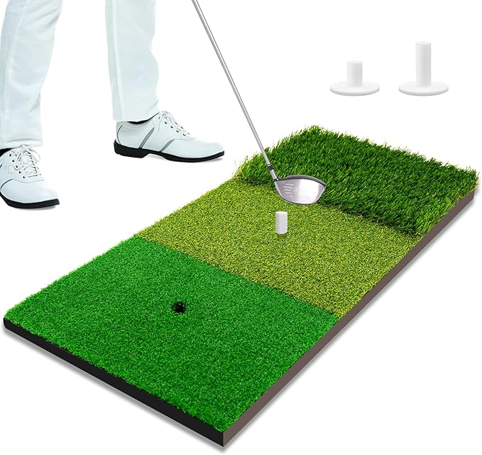 Tri-Turf Golf Hitting Mat,3-in-1 Golf Practice Mat for Driving, Chipping & Putting Training, Durable Portable Golf Chipping Mat with Rubber Backing for Indoor Outdoor Backyard Use