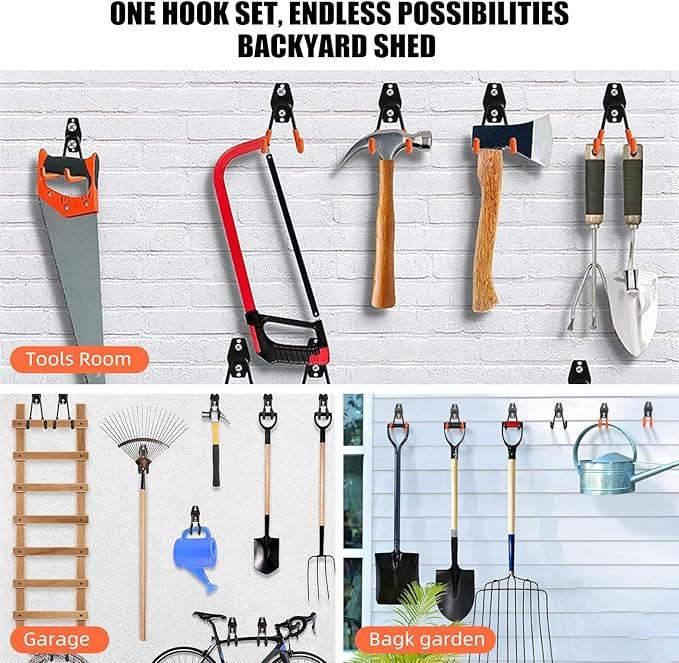 Garage Hooks, 4 Pack Large Square Wall Hooks for Hanging Heavy Duty Ladders, Bikes, Tools Ideal for Garage, Garden, Basement Utility Room Storage (Orange)