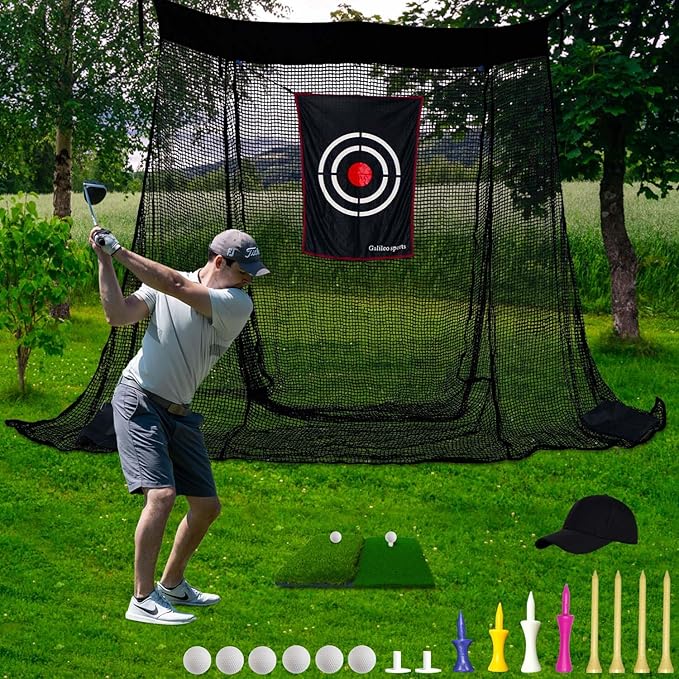 Gagalileo Golf Net for Garage Door with Mat: 10X8FT Roll-Up Design Quick Setup for Backyard & Basement Training Ideal for Beginners & Advanced Golfers