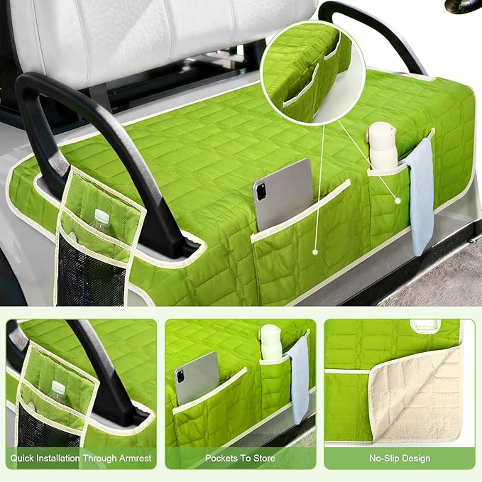 Golf Cart Seat Cover, Universal Bench Seat Cover with Storage Pockets, Non-Slip Seat Protector for Golf Cart, Fits EZGO Club Car Yamaha, Easy Install