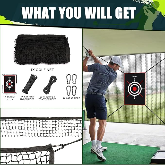 Golf Netting 7Ft,10Ft,15Ft,20Ft Golf Practice Net for Garage, Sport Practice Barrier Net, Heavy Duty Nylon Sport Netting Golf Hitting Net for Baseball, Hockey, Soccer, Tennis DIY Ball Net for Backyard