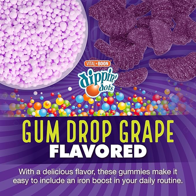 Iron with Vitamin C & B12 Gummies (60 Count) Vital for Red Blood Cell Formation | Gum Drop Grape Real Pectin Fruit Chew Supplements | Vegan, Non-GMO, Gluten Free & Gelatin Free