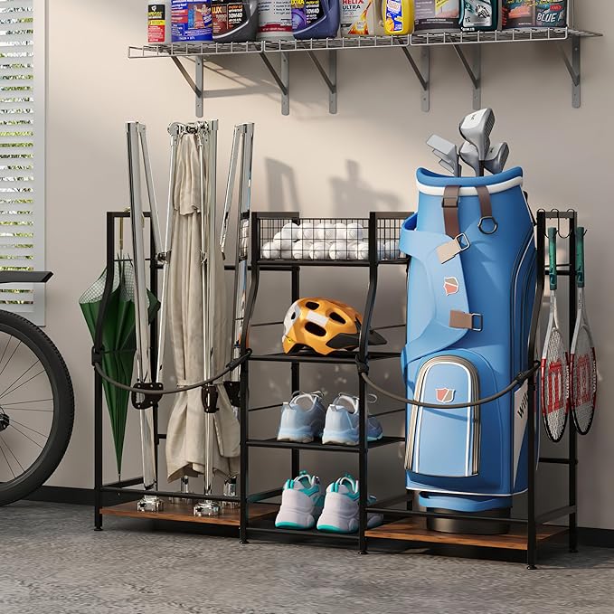 Golf Bag Storage Organizer for Garage Organization, Golf Bag Stand for Golf Bag Accessories, Spacious Golf Rack for Golf Clubs & Golf Essentials, Ideal Golf Gifts for Men (Fits 2 Golf Bags)