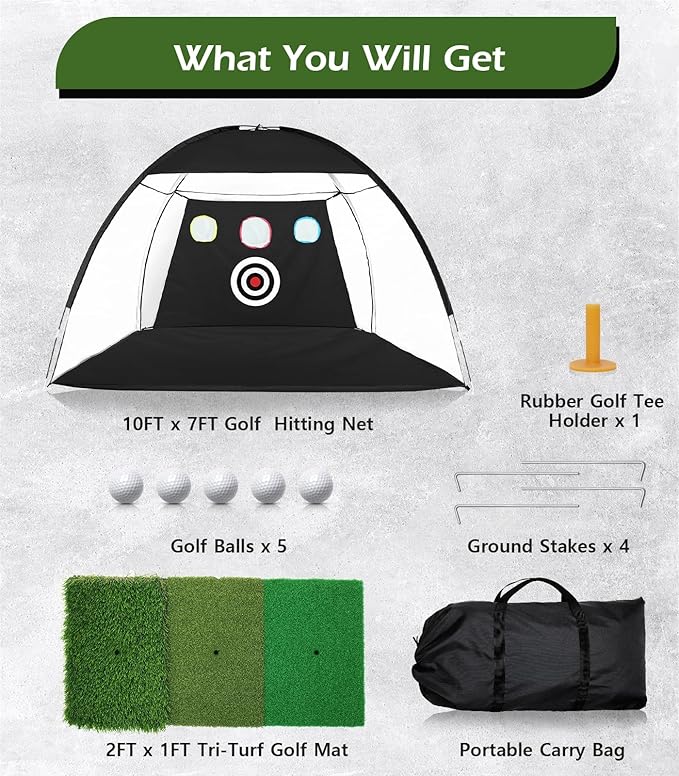 Golf Net, 10x7FT Home Golf Hitting Aids Equipment with Foldable Tri-Turf Mat for Backyard Driving Chipping Swing with Training Target/Balls/Tee for Outdoor Indoor, Gifts for Men Him Dad Boys Golfers