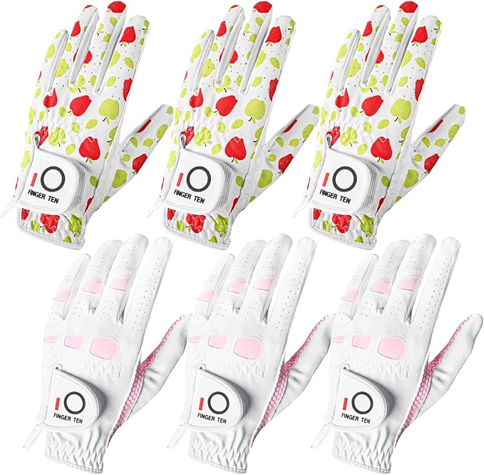 FINGER TEN Women’s Golf Gloves Ladies Left Hand Right Handed Golfer Value 6 Pack, All Weather Rain Grip Glove Pink Fit Small Medium Large XL