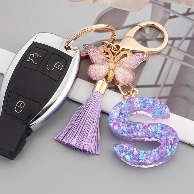 Suweibuke Colourful Cute Initial Letter Keychains for Women Girls with Tassel Butterfly, Charm for Purse Handbags Backpacks