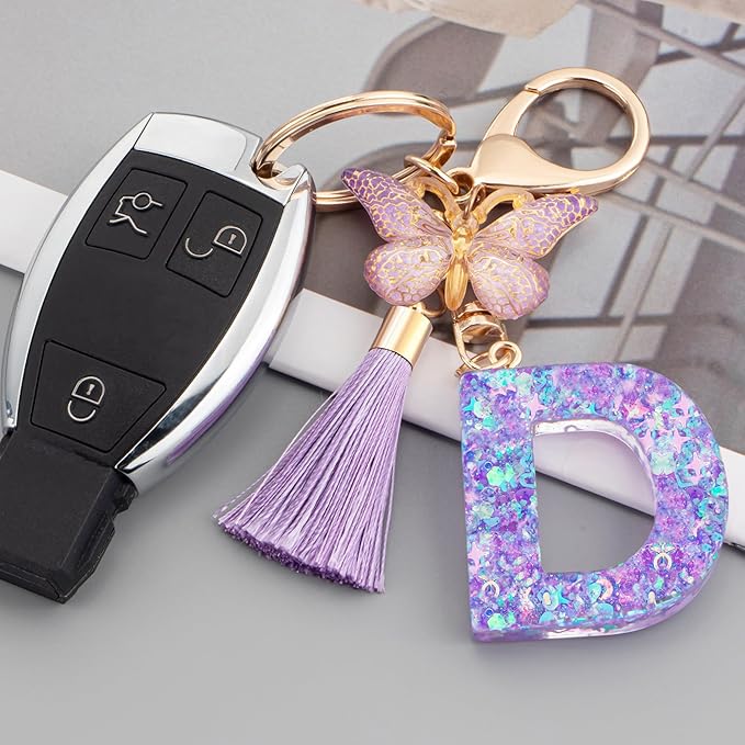 Suweibuke Colourful Cute Initial Letter Keychains for Women Girls with Tassel Butterfly, Charm for Purse Handbags Backpacks