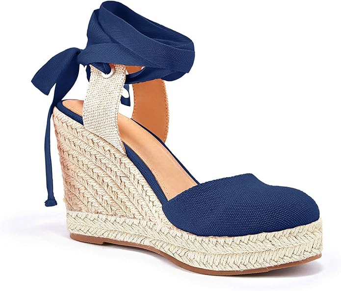 FISACE Womens Summer Espadrille Heel Platform Wedge Sandals Ankle Buckle Strap Closed Toe Shoes