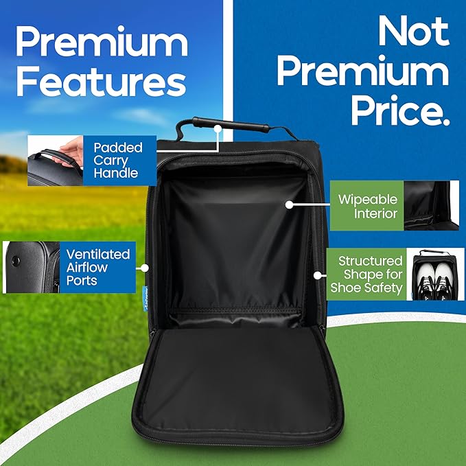 Club Doctor Golf Shoe Bag, Premium Leather-Inspired Travel Shoe Carrier, Durable Golf Shoe Organizer for Men, Women, Lightweight, Easy-to-Clean Shoe Storage with Handle-Black