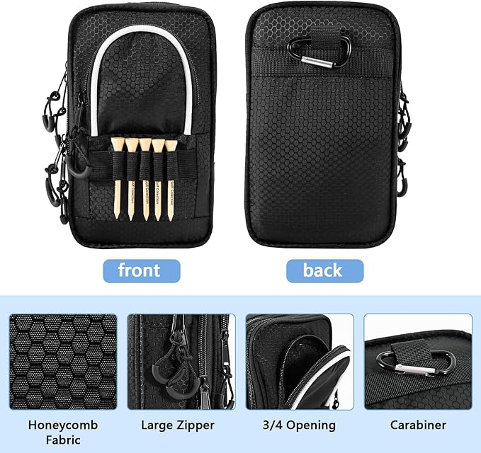 Golf Ball Bag Valuables Pouch,Golf Tee Bag Pouch Accessories with Detachable Carabiner Large Capacity Multiple Compartments can Store 12-15 Balls,Tees,Gloves,Mobile Phone and Keys,Black and White