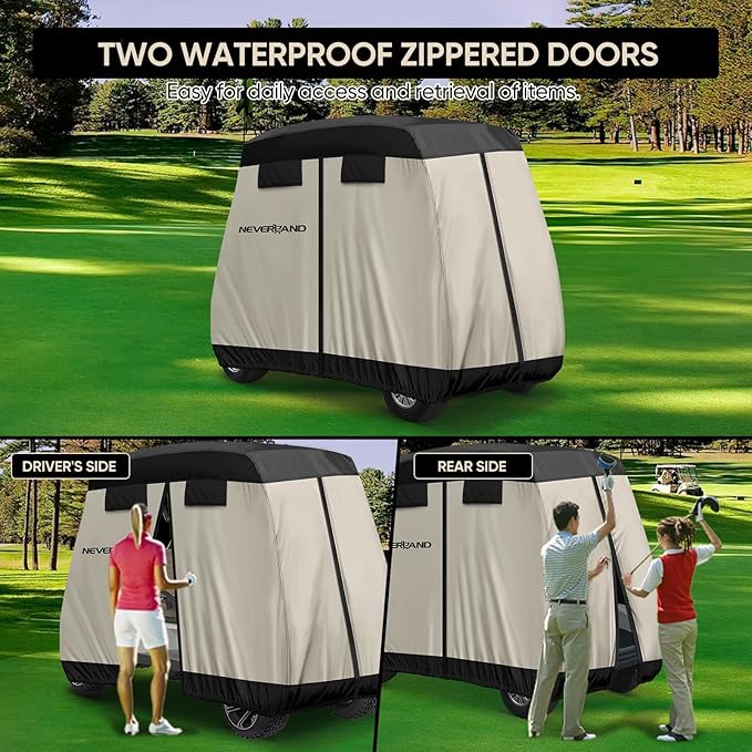 NEVERLAND Golf Cart Cover 4 Passenger - Outdoor Waterprood Golf Cart Covers, 420D Club Car Golf Cart Covers With Air Vent&Zipper Compatible with EZGO Yamaha Club Car 4 Seat (Up to 112 Inch)Black+Brown
