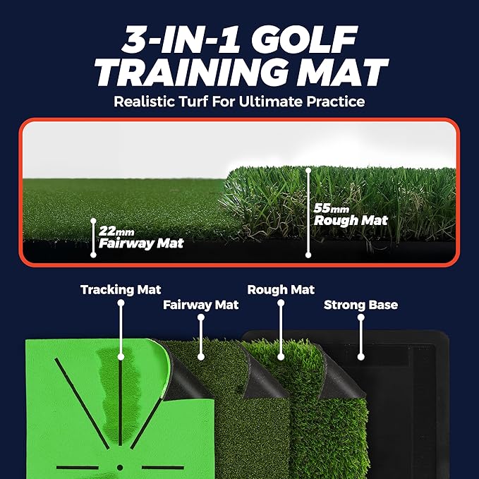 TOY Life 4-in-1 Golf Hitting Mats Practice Outdoor Indoor with Path Feedback, 4 Replaceable Golf Turf Swing Mat for Chipping Training Aid with Rough Fairway Impact Divot Mat Gifts for Men(18" x 13")