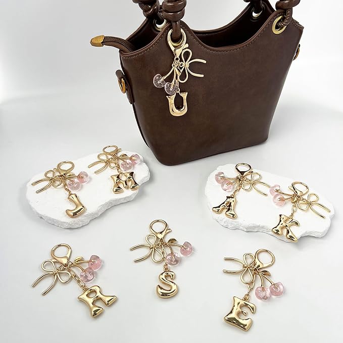 Gold Bubble Heart, Cherry, Bow & More Designs Letter Initial Keychain Bag Charms – Cute Purse Charms for Handbags