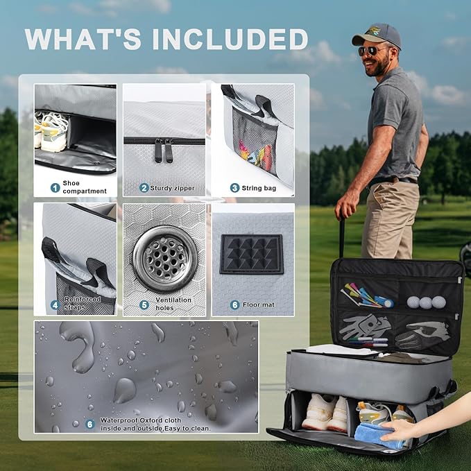 Golf Trunk Organizer Car Golf Locker with Separate Ventilated Compartment for 2 Pair Shoes,Golf Trunk Storage, Tees for Balls Golf Gifts for Women and Men-Light Grey