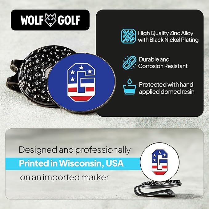 Wolf Golf Towels Golf Ball Marker Hat Clip | USA Monogram | 1 Magnetic Clip + 3 Ball Markers | Patriotic Golf Accessories for Men & Women