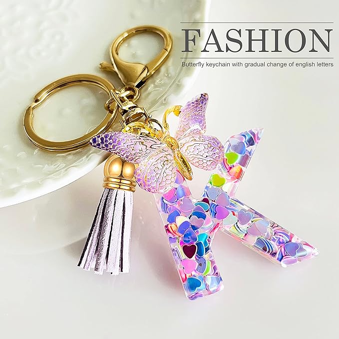 JINGUAZI Initial letter Keychains for Women Tassel Butterfly Pink Purple Cute Car Keychain for Wallet Backpack bag charm