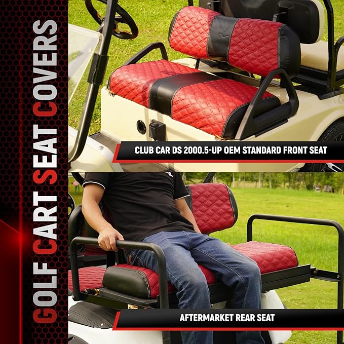 Golf Cart Seat Covers Front and Rear Waterproof and Sun Resistant Marine Grade Vinyl Leather Seat Cover Accessories for Club Car DS 2000.5-up, Deep Red(4PCS)