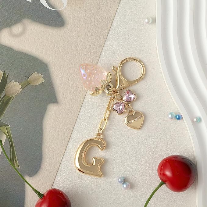 Snycler Bubble Initial Keychain with Strawberry & Bow- Gold Letter Bag Charms for Women, Cute Purse Handbag Accessories
