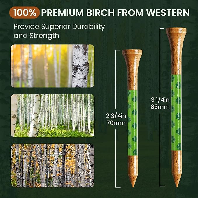 FINGER TEN Golf Tees Wood for Men Wooden Tee 1 1/2 2 3/4 3 1/4 Inch Western Birch Value 100 Pack, Reduce Friction Spin Tall Sturdy Base for Stability Long-Lasting Durability