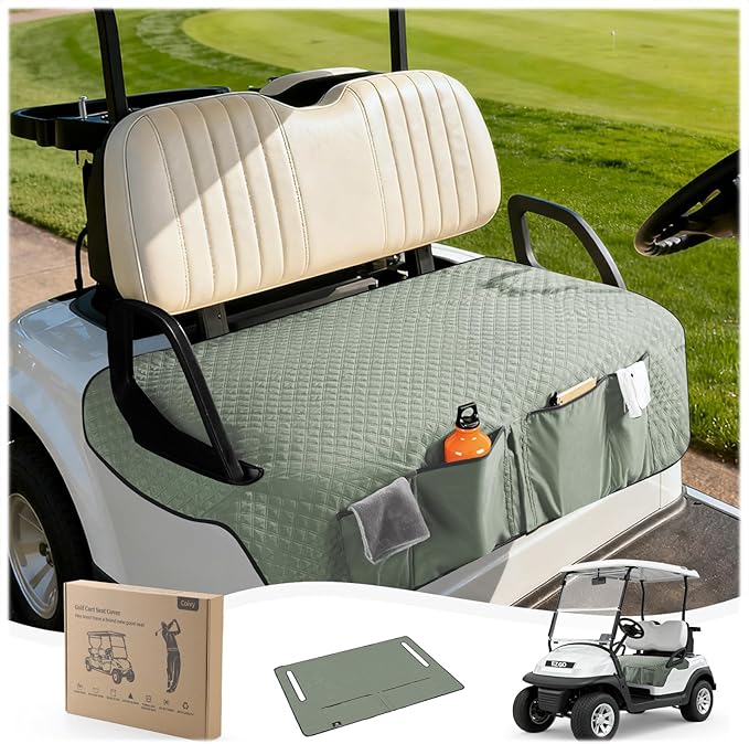 Golf Cart Seat Covers,Golf Cart Seat Towel Blanket with 4 Front Pockets & Nonskid Bottom Fits for EZGO and More 2 Person Seats Golf Carts (Silver Green, Ezgo)