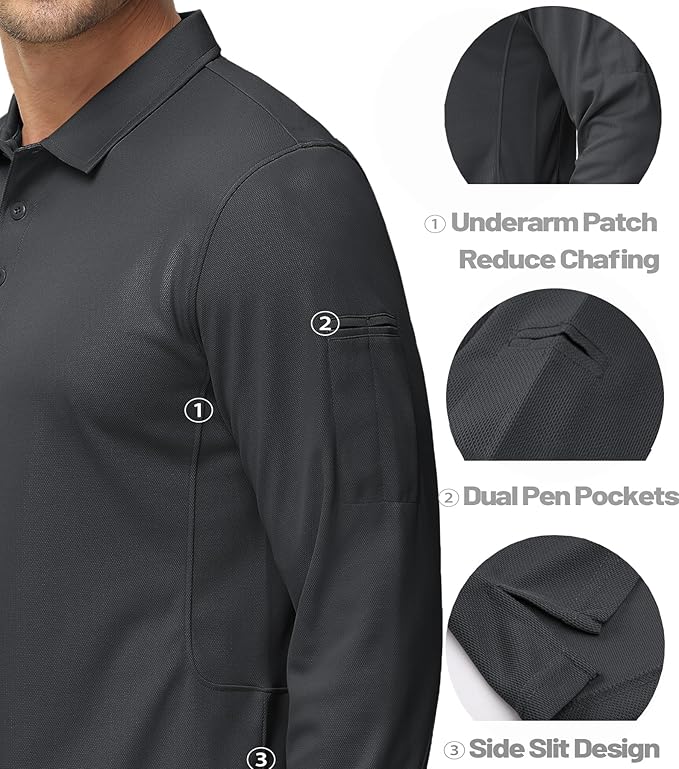 MAGCOMSEN Men's Polo Shirts 3 Button Quick Dry Performance Long Sleeve Tactical Shirts Pique Jersey Golf Shirt