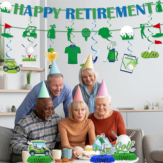 Golf Retirement Party Decorations - 13PCS Golf Themed Party Decorations Happy Retirement Banner Hanging Swirls Honeycomb Centerpieces Sport Themed Retire Going Away Partee Decor Supplies