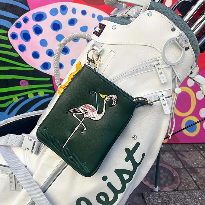 PINKTEE Golf Valuables Pouch Funny Golf Accessories Bag with Zipper Master Green Premiun Leather Golf Tee/Ball Pouch for Women Men (Pink Stripe, FLAMINGO)
