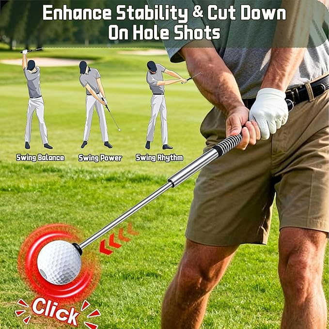 Retractable Golf Swing Trainer, Golf Grip Training Aid for Strength & Tempo Practice – Click Feedback Stick for Chipping & Hitting, Portable Warm-Up Trainer for Beginners Indoor/Outdoor