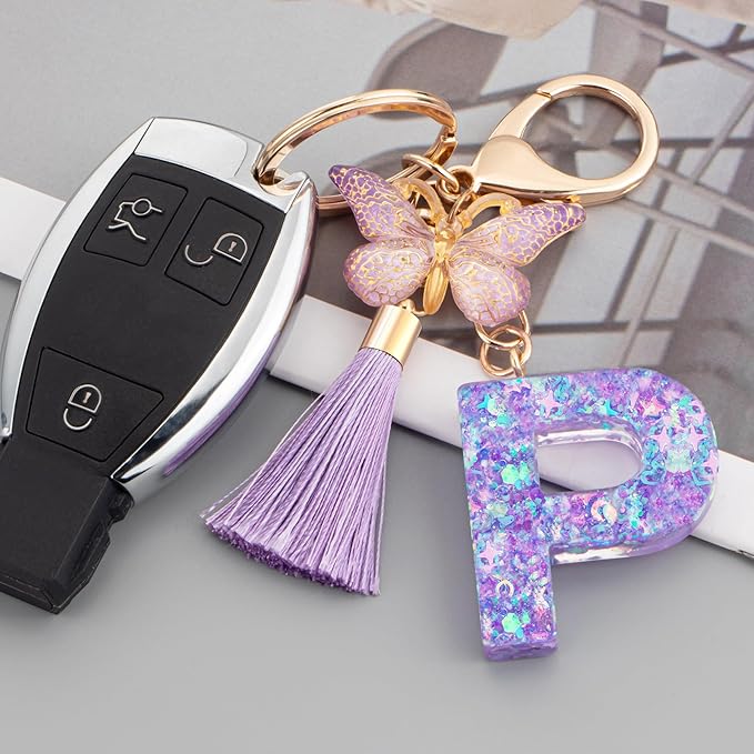 Suweibuke Colourful Cute Initial Letter Keychains for Women Girls with Tassel Butterfly, Charm for Purse Handbags Backpacks