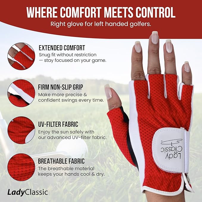 Mesh Half Golf Glove for Women – Premium Cabretta Leather Palm, Breathable Mesh Back, Half-Finger Design Ladies Golf Glove for Enhanced Grip & Comfort