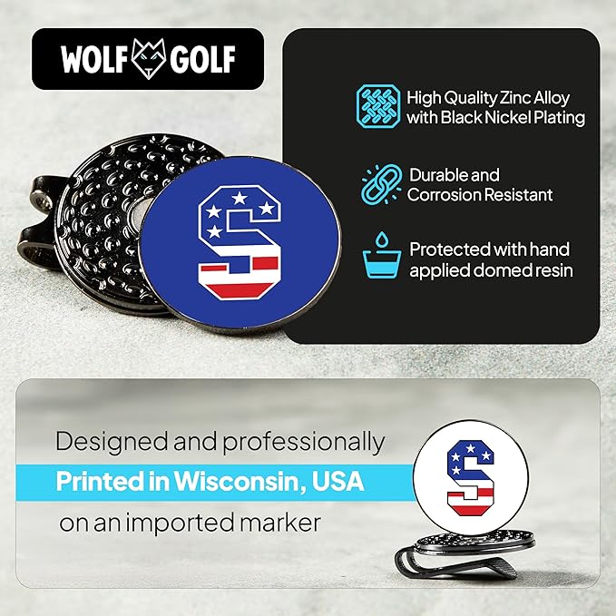 Wolf Golf Towels Golf Ball Marker Hat Clip | USA Monogram | 1 Magnetic Clip + 3 Ball Markers | Patriotic Golf Accessories for Men & Women