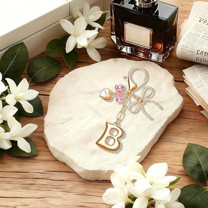 Gold Bubble Initial Keychain with Bow Decoration Bag Charms for Women, Cute Purse Handbag Accessories Gift