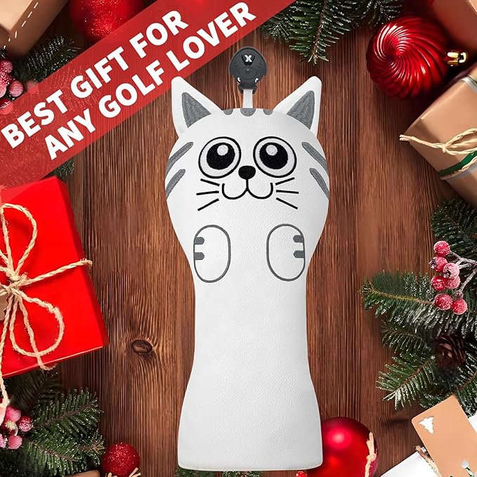 Golf Kitty Head Cover Golf Club White Leather Headcovers 1pc/4pcs Set Fits Driver Fairway Wood Hybrid Utility Putter Iron Wedge Headcover.