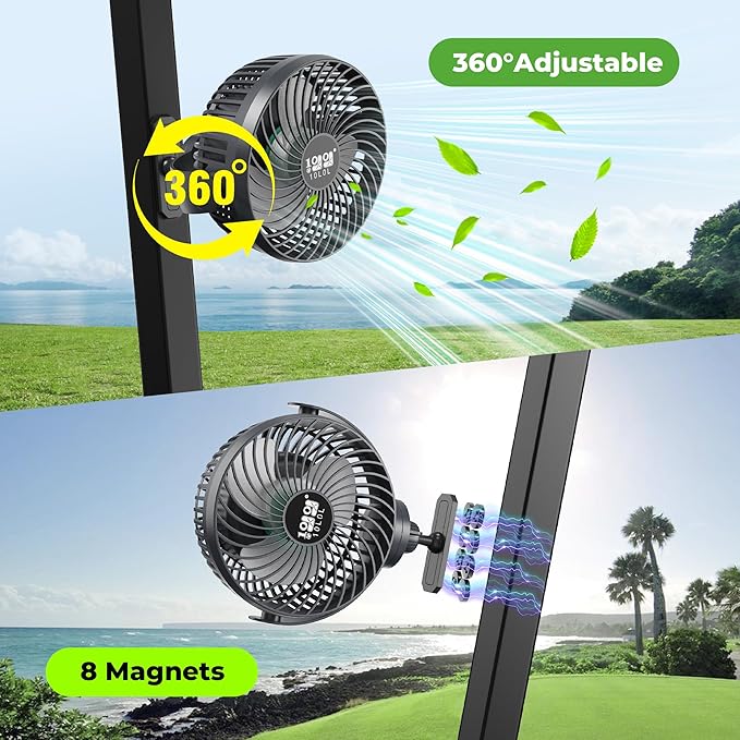 10L0L Golf Cart Fan with Magnetic Mount & 56Hrs Runtime - 8000mAh Battery, 3-Speed Cooling, Built-in LED Light, Power Bank Function - Stable ABS Design for All Golf Carts