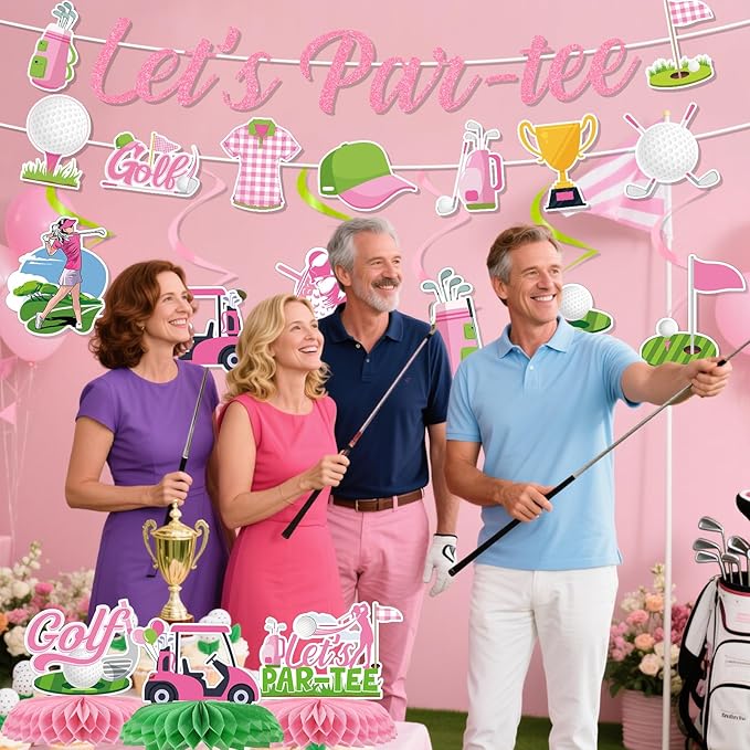 Pink Golf Party Decorations - 11PCS Golf Birthday Decorations Lets Partee Banners Hanging Swirls Honeycomb Centerpieces Sport Themed Party Birthday Decor Supplies for Women Girls